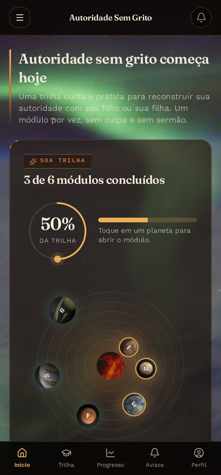 Tela inicial da plataforma com o mapa de planetas dos seis módulos e o percentual da trilha