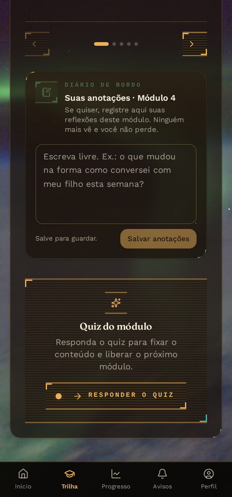 Tela do módulo com o resumo em tópicos e o campo de anotações pessoais