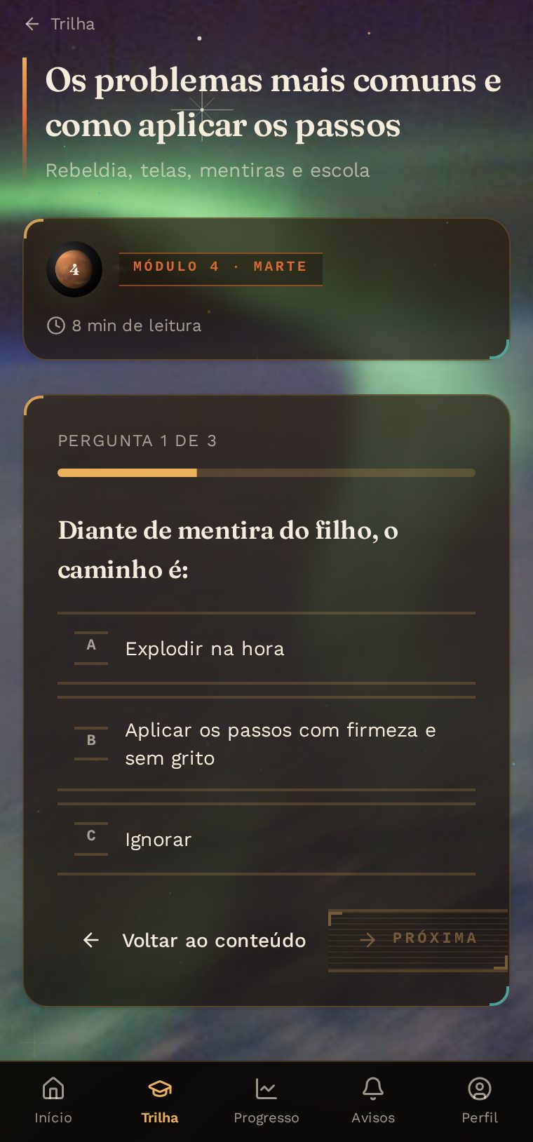Tela do quiz do módulo com a pergunta, as alternativas e a barra de progresso