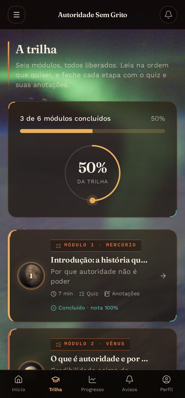 Tela da trilha com os seis módulos em sequência, cada um com tempo de leitura, quiz e anotações